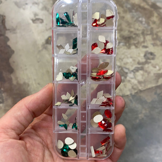 Set of 12 Red and Emerald Rhinestones