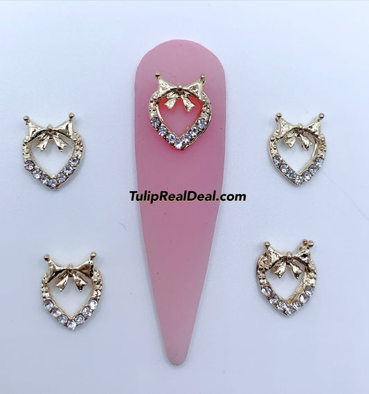 10pcs Gold Bling Heart Bow Charms
