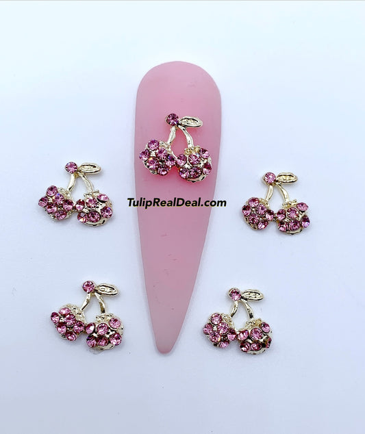 Bling Pink Cherry nail charms 5pcs