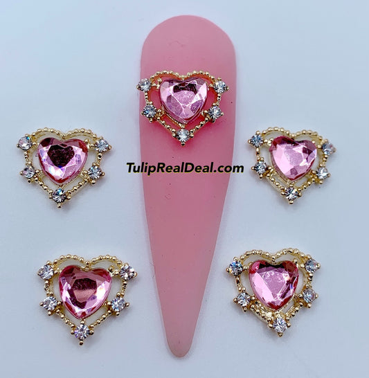 Bling Pink Heart nail charms 5pcs