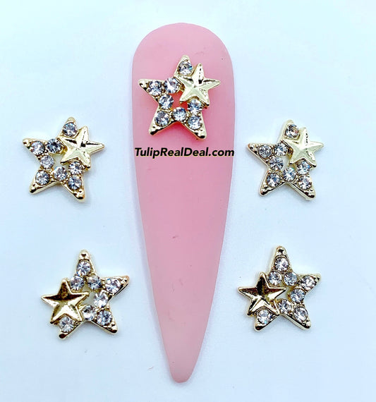 3D Gold Star Bling Nail Charms 5pcs