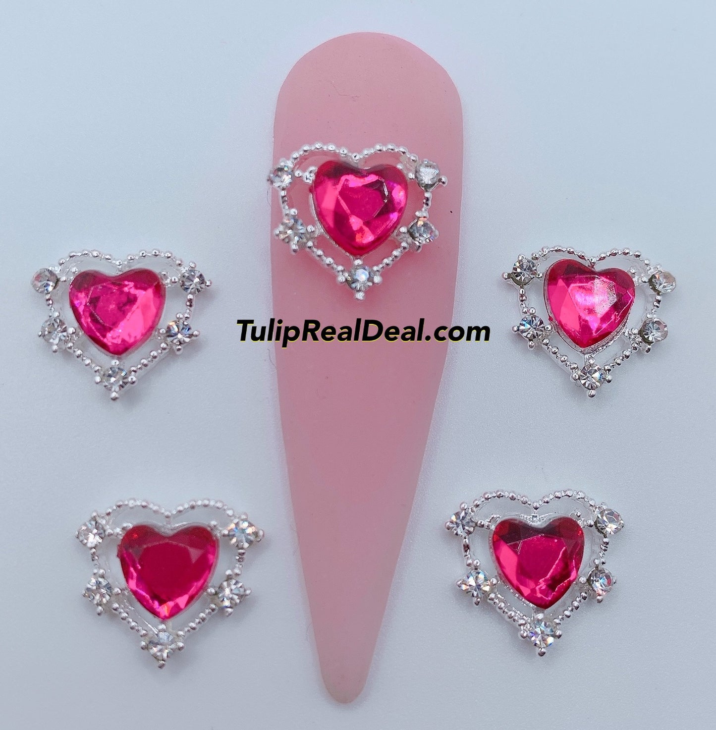 Bling Hot Pink Heart nail charms 5pcs