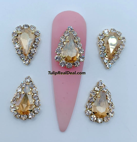 3D Fancy Gold Champagne Tear Drop Bling nail charms 5pcs