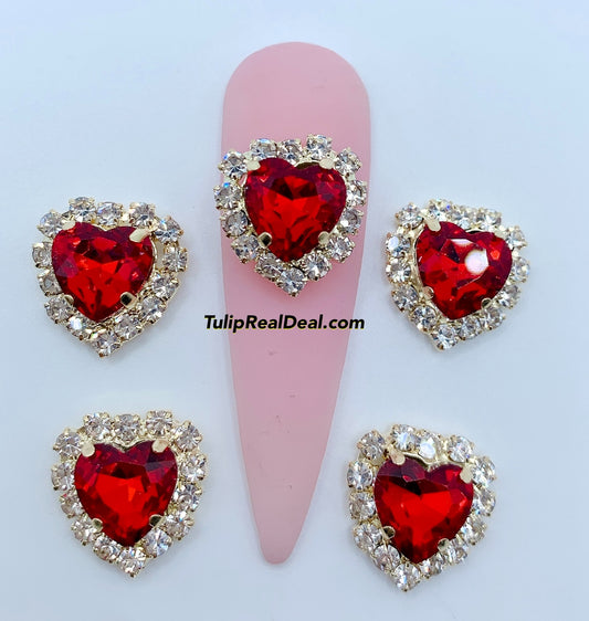 3D Fancy Red Heart Bling nail charms 5pcs