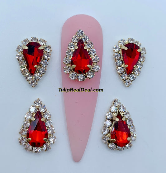 3D Fancy Red Tear Drop Bling nail charms 5pcs