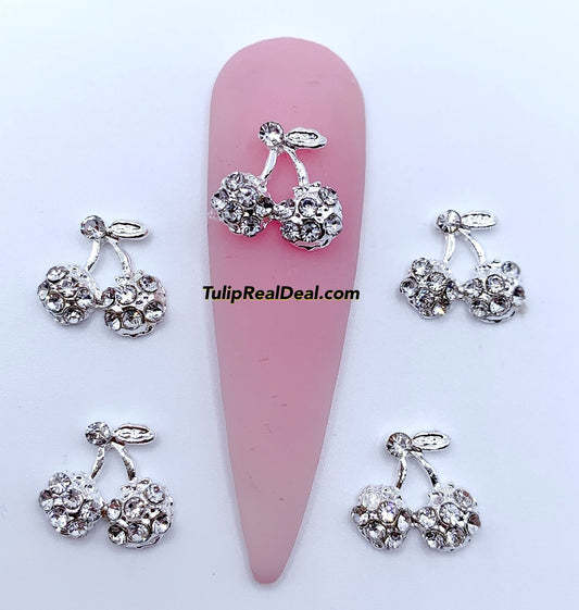 Bling Silver Cherry nail charms 5pcs