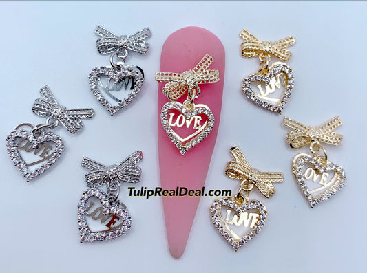 Zircon Dangle Heart Bow charms 4pcs