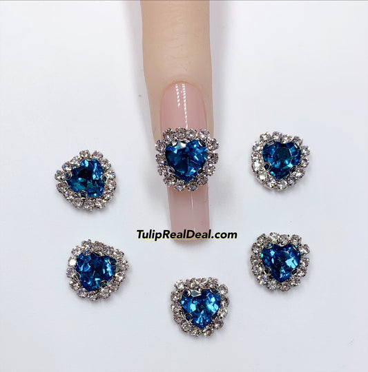 3D Fancy BLUE Heart Bling nail charms 5pcs