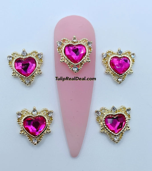 Bling Pink Heart nail charms 5pcs