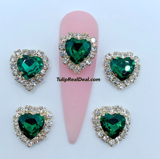 3D Fancy Emerald Green Heart Bling nail charms 5pcs