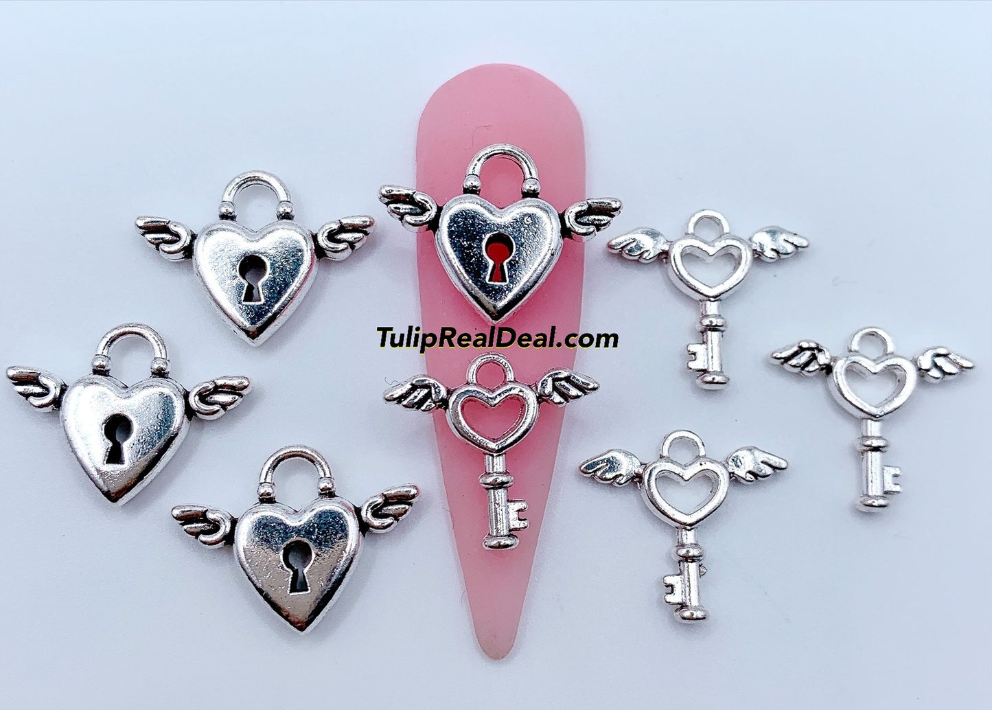 Lock and Key Wing Heart Charms 4 pairs