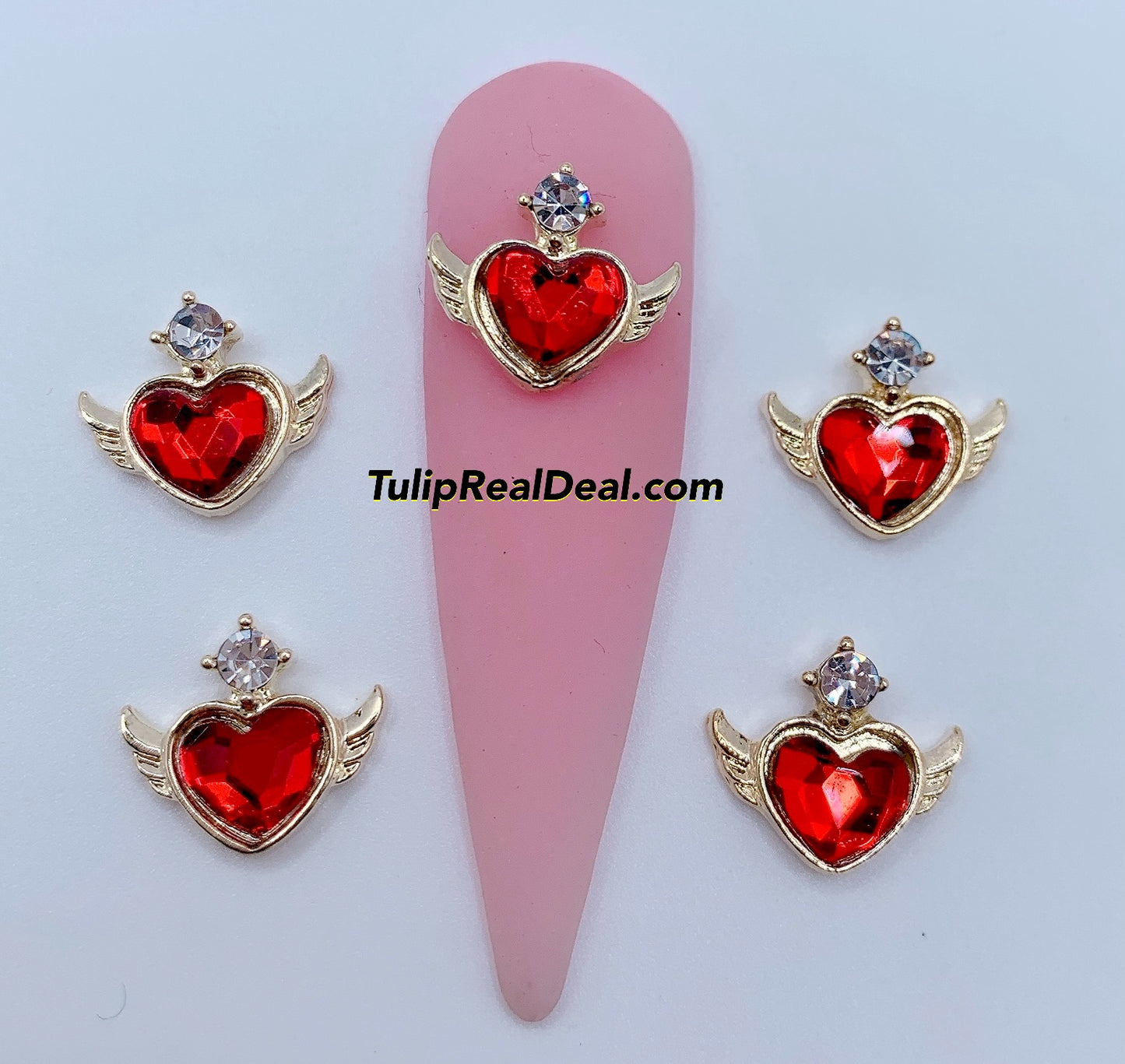 Bling Red Heart Wing nail charms 5pcs